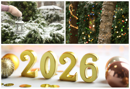 Christmas and New Year celebration. Festive themed collage of pictures with decor and numbers 2026