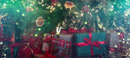 Christmas tree with ornaments and gift boxes, banner design. Holiday card with bokeh lightsの写真素材