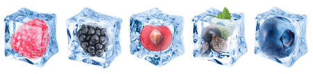 Clear ice cubes with berries isolated on white, setの写真素材