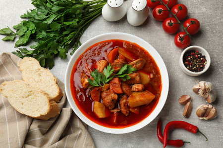Delicious cooked stew in bowl served on gray table, flat lay