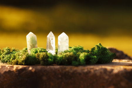 Aura. Beautiful healing crystals and moss on stone outdoors, closeup. Space for textの写真素材