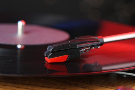 Closeup view of turntable with vinyl record