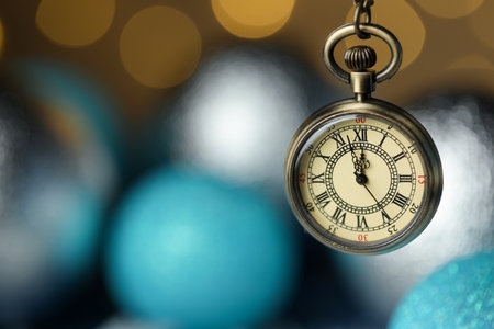 Pocket watch against blurred lights, closeup with space for text. New Year greeting cardの写真素材