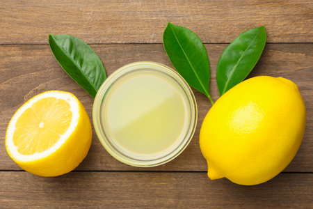 Lemon juice in bowl, leaves and fresh lemons on wooden table, flat layの写真素材