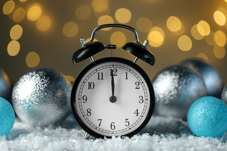 Alarm clock and shiny baubles on artificial snow against golden background with blurred lights,...