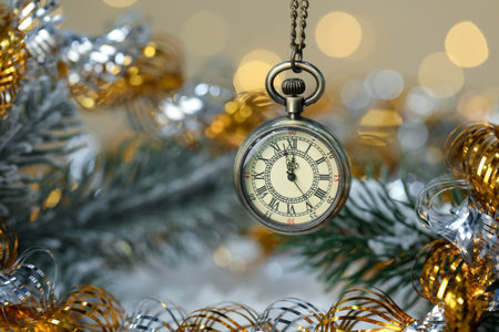 Pocket watch, fir branches and tinsel against golden background with blurred lights, closeup. New Year greeting cardの写真素材
