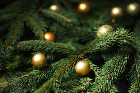 Beautiful spruce tree branches with Christmas ornaments as background, closeupの写真素材