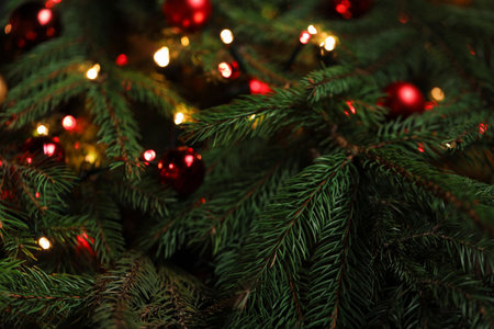 Beautiful spruce tree branches with Christmas ornaments and lights as background, closeupの写真素材
