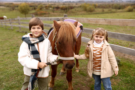 Equine assisted therapy. Children with beautiful pony outdoors. Lovely domesticated petの写真素材