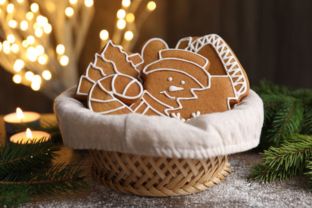 Christmas treat. Tasty gingerbread cookies in basket and decor on wooden table, closeup. Bokeh effectの写真素材