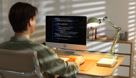 Programmer working on computer at table in office, back view