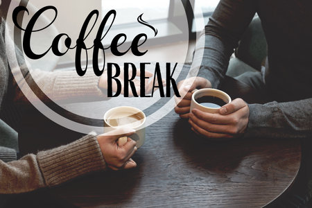 Colleagues having coffee break at wooden table in cafe, closeupの写真素材