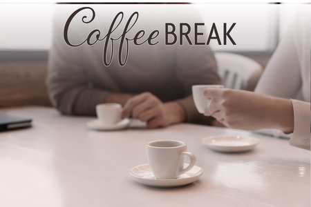 Coffee break time. Man and woman with drinks chatting in cafe, closeupの写真素材
