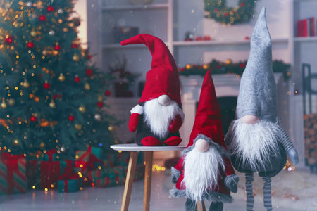 Merry Christmas. Holiday card with cute gnomes in room