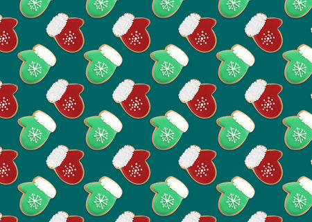 Christmas cookies on green background, top view. Pattern designの写真素材