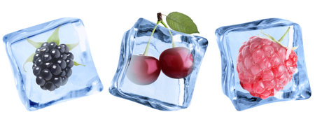 Clear ice cubes with berries isolated on white, setの写真素材