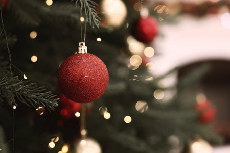 Christmas tree with ornaments on greeting card. Happy Holidaysの写真素材