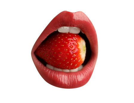 Woman with beautiful color lips holding fresh strawberry in her mouth on white background, closeupの写真素材
