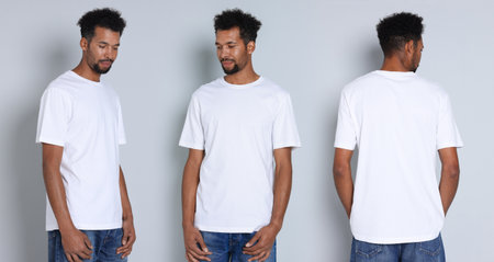 African-American man in white t-shirt against light background, collage
