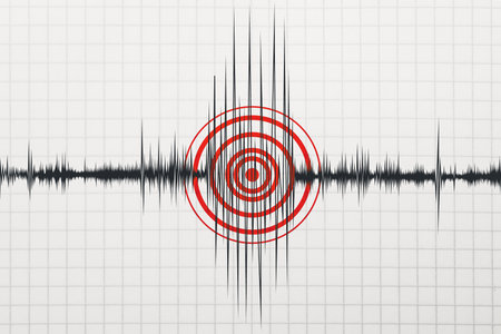 Earthquake marked with red circles on seismogram. Graph from seismometerの写真素材
