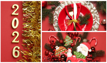 Christmas and New Year celebration. Festive themed collage of pictures with decor and numbers 2026の写真素材