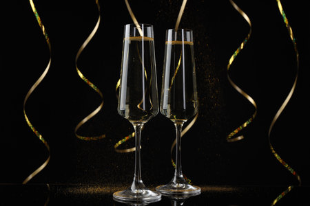 Happy New Year. Sparkling wine in flute glasses and serpentine streamers on black background