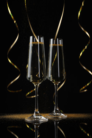 Happy New Year. Sparkling wine in flute glasses and serpentine streamers on black backgroundの写真素材