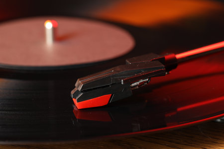 Closeup view of turntable with vinyl record