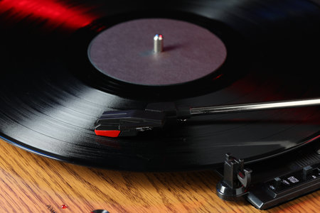 Closeup view of turntable with vinyl record