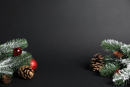Beautiful Christmas tree branches with cones and ornaments on black background. Space for textの写真素材