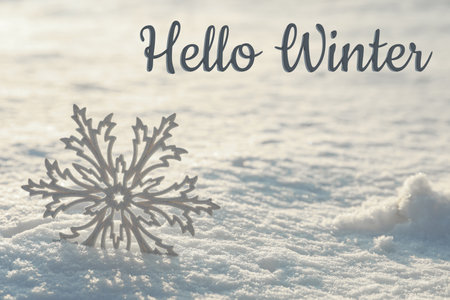 Hello winter card with snowflake in snowの写真素材