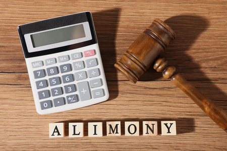 Alimony. Word made of cubes with letters, judge's gavel and calculator on wooden table, top viewの写真素材