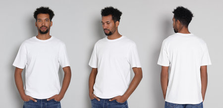 African-American man in white t-shirt against light background, collage