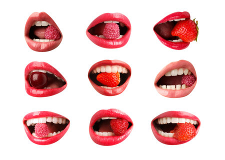 Women holding fresh berries and candies in mouth on white background, closeup. Female lips with different shades of lipstick, collageの写真素材