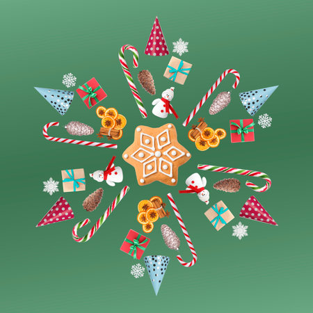 Snowflake shape made of Christmas candy canes, festive decor and gift boxes on pastel green...