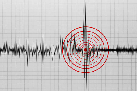 Earthquake marked with red circles on seismogram. Graph from seismometerの写真素材