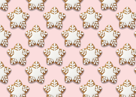 Christmas cookies on pink background, top view. Pattern designの写真素材