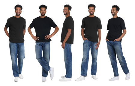 Man wearing blue jeans on white background. Set of portraitsの写真素材