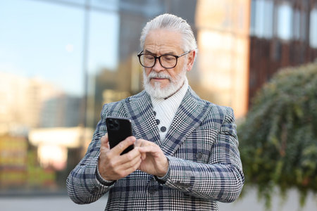 Handsome senior man with phone on city street