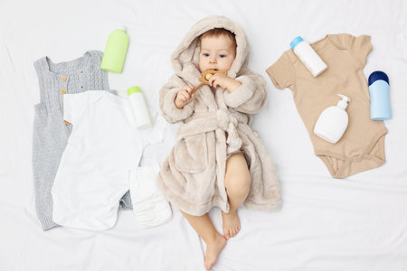 Cute baby in bathrobe, clothes and bathroom accessories on bed, top viewの写真素材