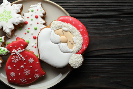 Tasty gingerbread cookies on black wooden table, top view. Space for textの写真素材