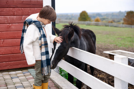 Equine therapy. Little boy stroking beautiful horse in countryside. Lovely domesticated petの写真素材