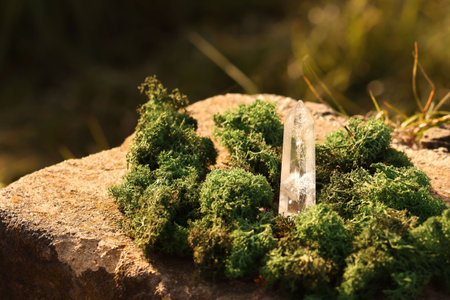 Aura. Beautiful healing crystal and moss on stone outdoors, closeup. Space for textの写真素材
