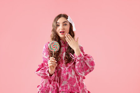Beautifully dressed woman with lollipop on pink backgroundの写真素材