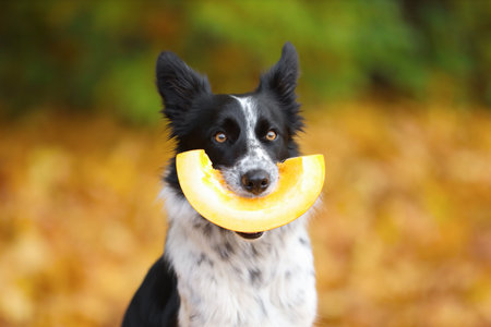 Cute Border Collie dog with piece of pumpkin in autumn parkの写真素材