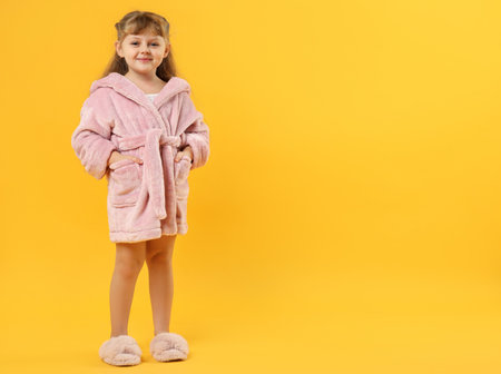 Cute girl in bathrobe on yellow background. Space for textの写真素材