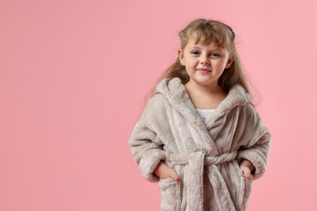 Cute girl in bathrobe on pink background. Space for textの写真素材