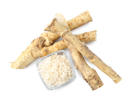 Whole and gratified horseradish roots isolated on white, top viewの写真素材