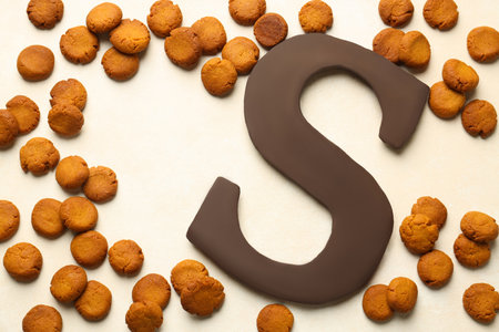 Sinterklaas (Saint Nicholas) Day. Chocolate letter S and kruidnoten cookies on light background, flat layの写真素材