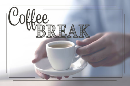 Coffee break time. Woman with cup of hot drink, closeupの写真素材